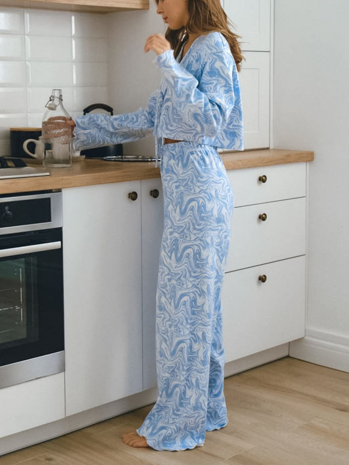 Light blue tie front lounge set top and pants full look