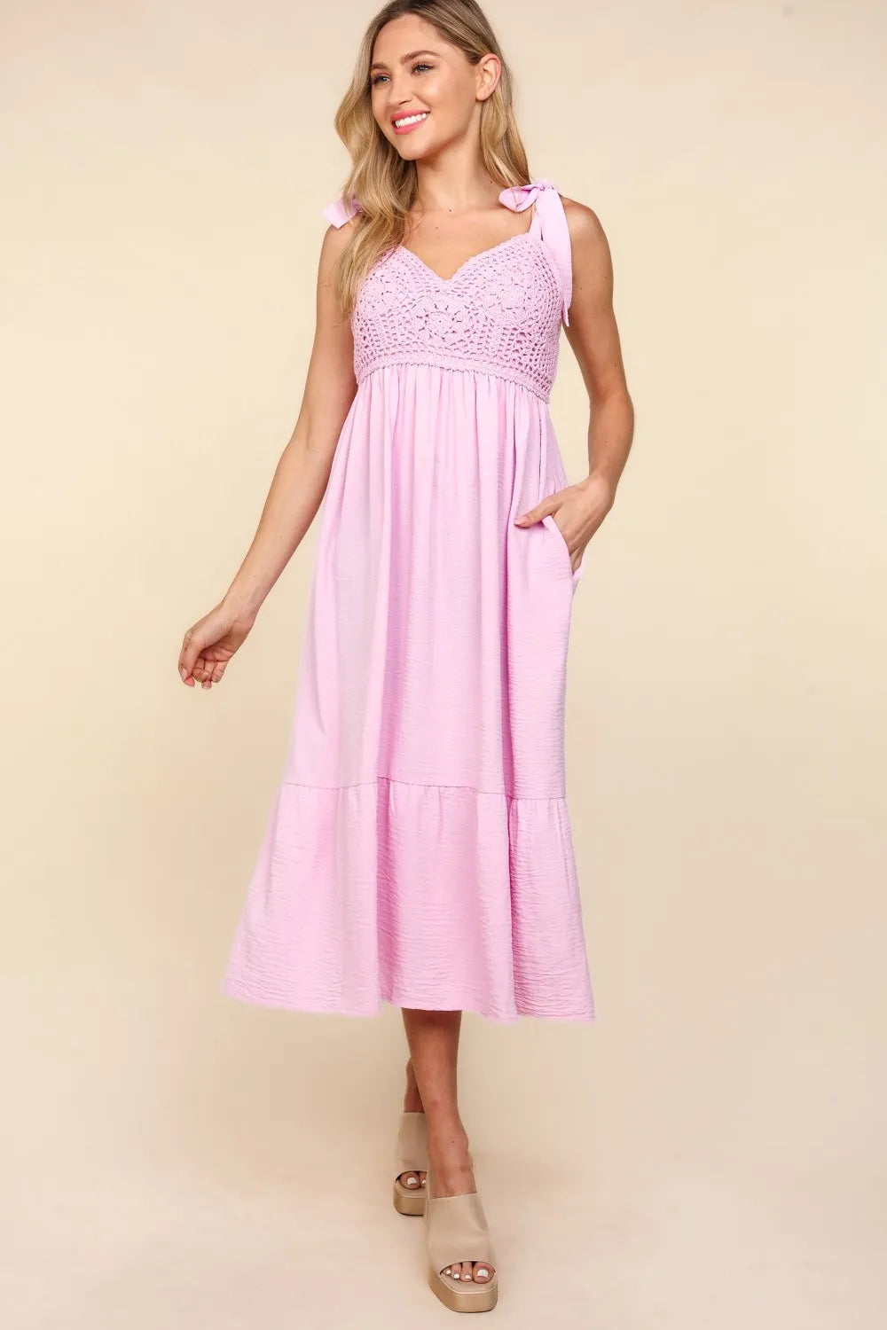 Crochet Lace Ruffle Hem Cami Midi Dress side view
