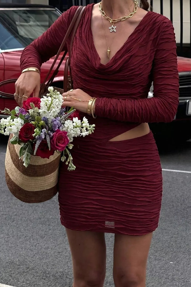 burgundy ruched cutout cowl neck long sleeve mini dress front view