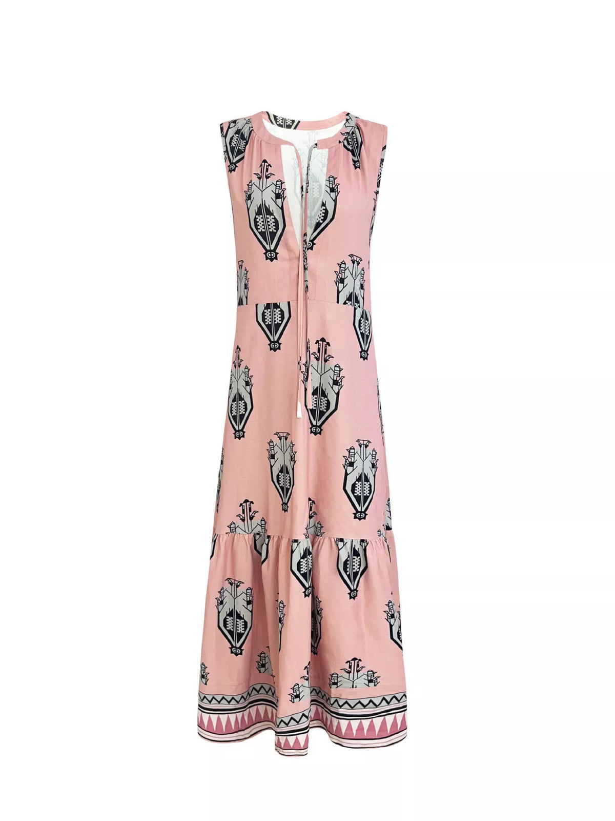 Printed sleeveless tiered maxi dress, shoulder and sleeve detail