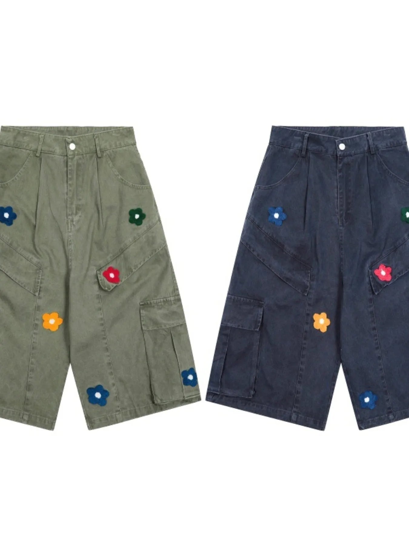 Men's Flower Embroidered Denim Cargo Shorts - Fashorio