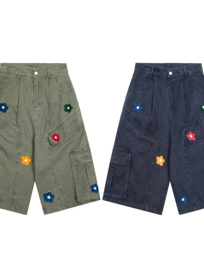 Men's Flower Embroidered Denim Cargo Shorts - Fashorio