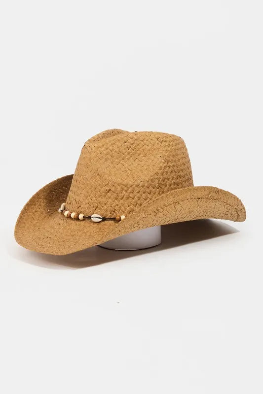 Fame Beaded Cowrie Shell Straw Weave Western Cowboy Hat KA One Size - Fashorio