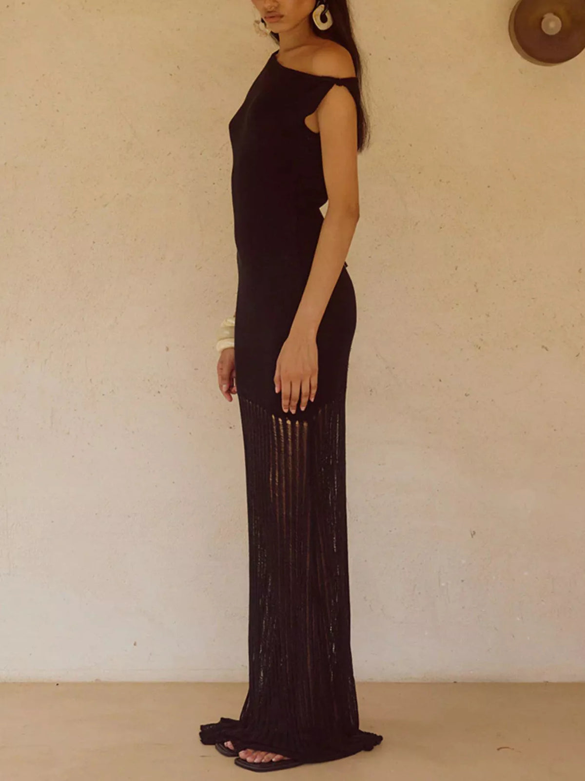 One Shoulder Fringe Maxi Dress back view