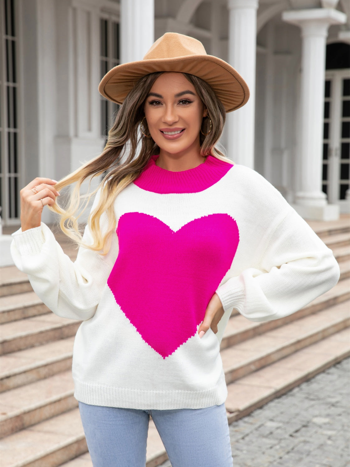 Angel Wings Heart Graphic Round Neck Sweater Deep Rose - Fashorio