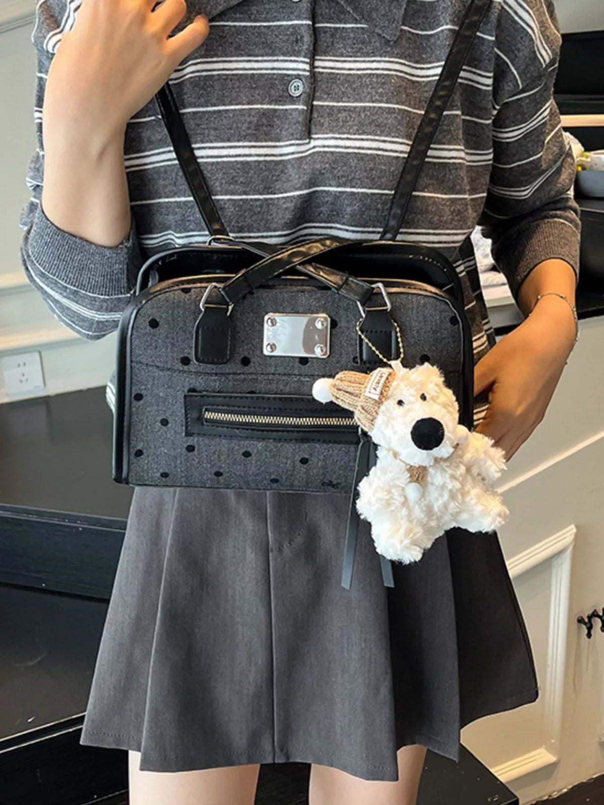 Polka dot convertible shoulder bag styled view