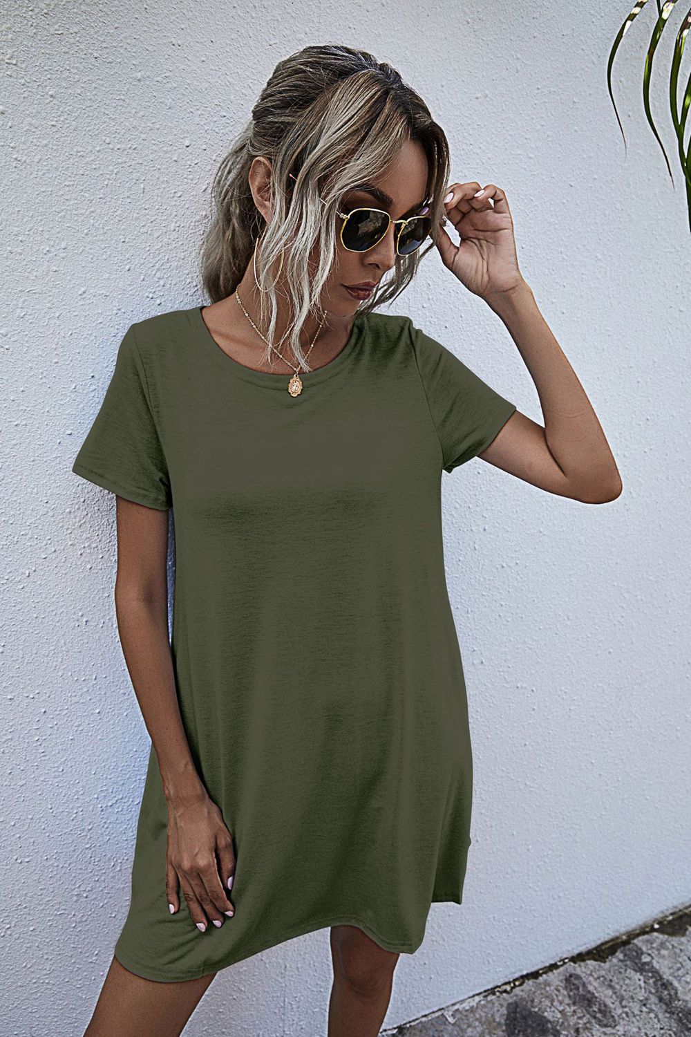 Round Neck Short Sleeve Mini Dress - Fashorio