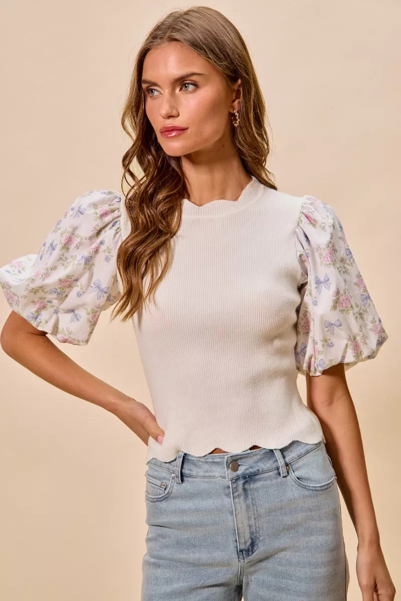 Cotton knit floral sweater top back view