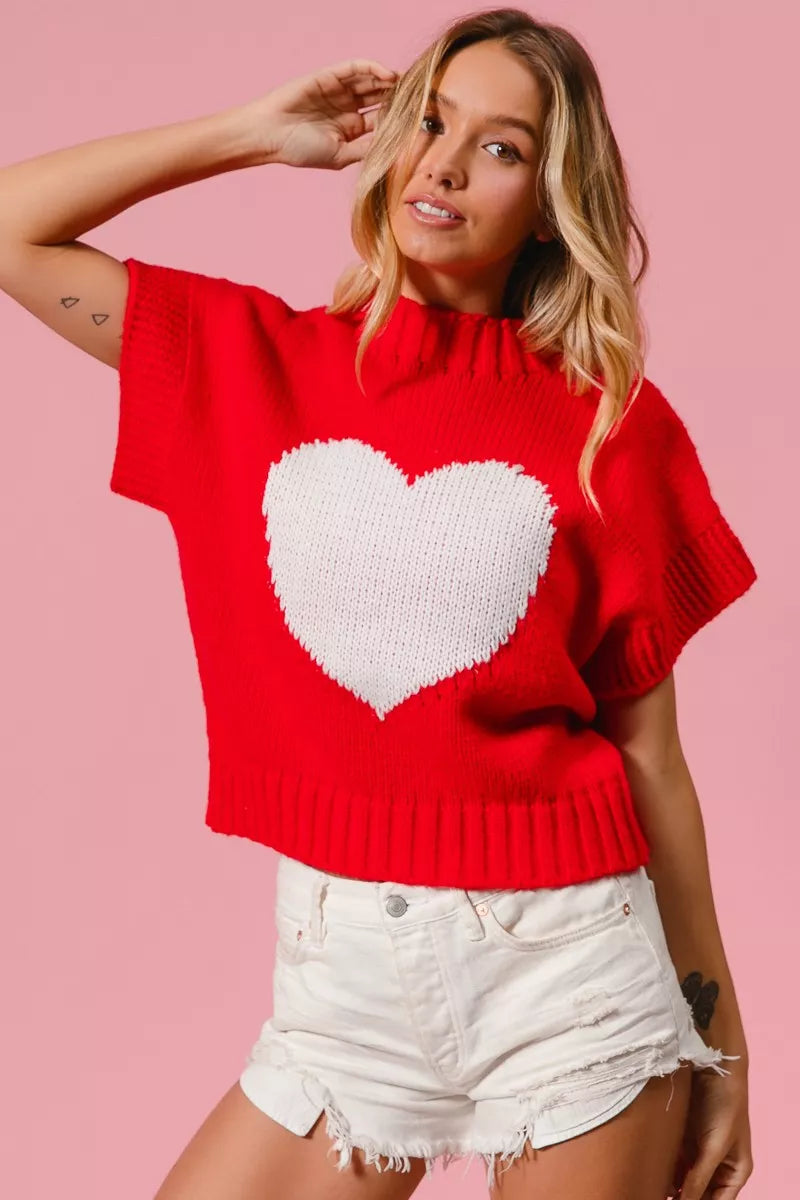 Heart Pattern Rib Banded Sweater in Red and Ivory view 9