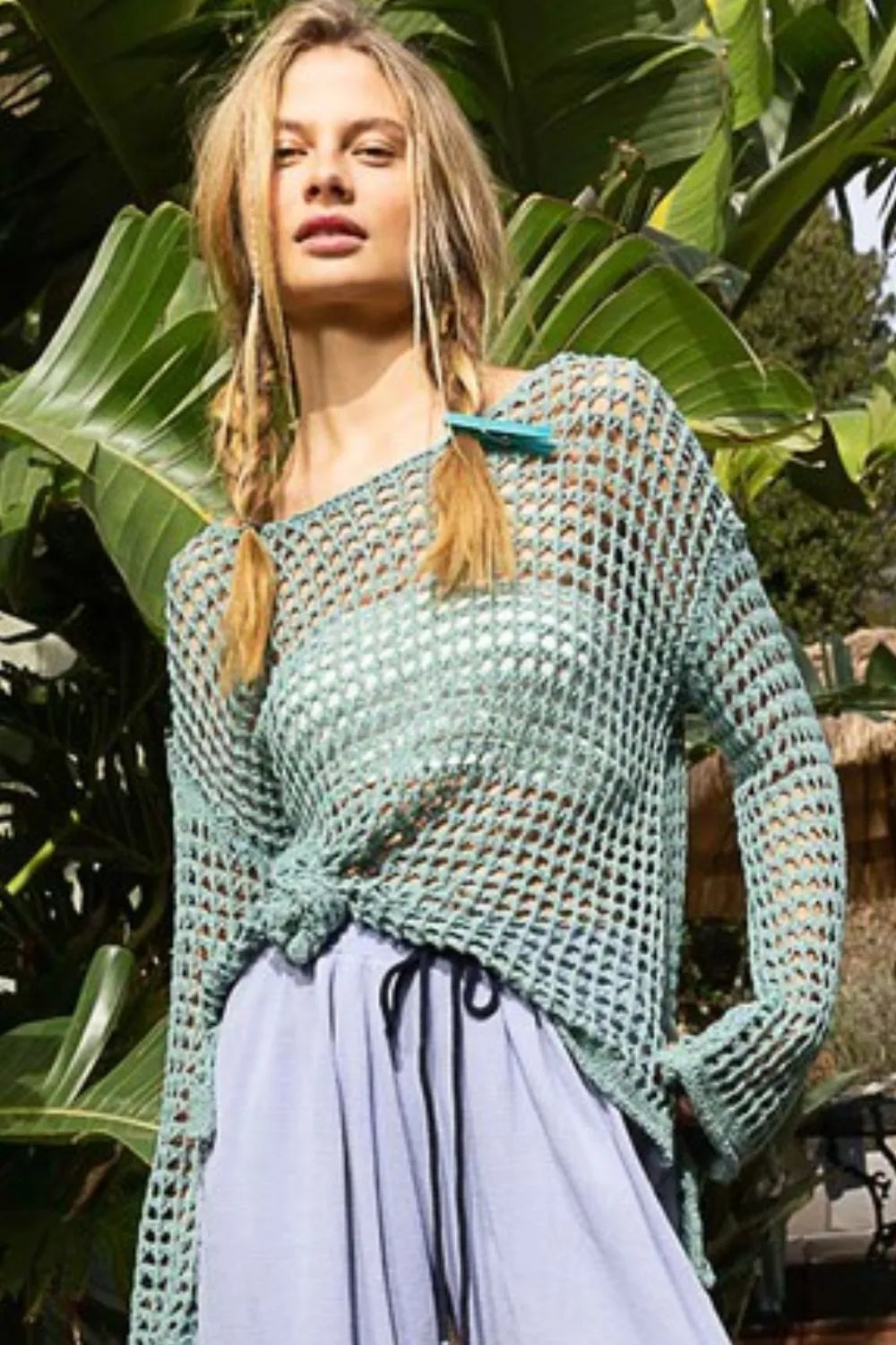 Long sleeve openwork open front knit cover up