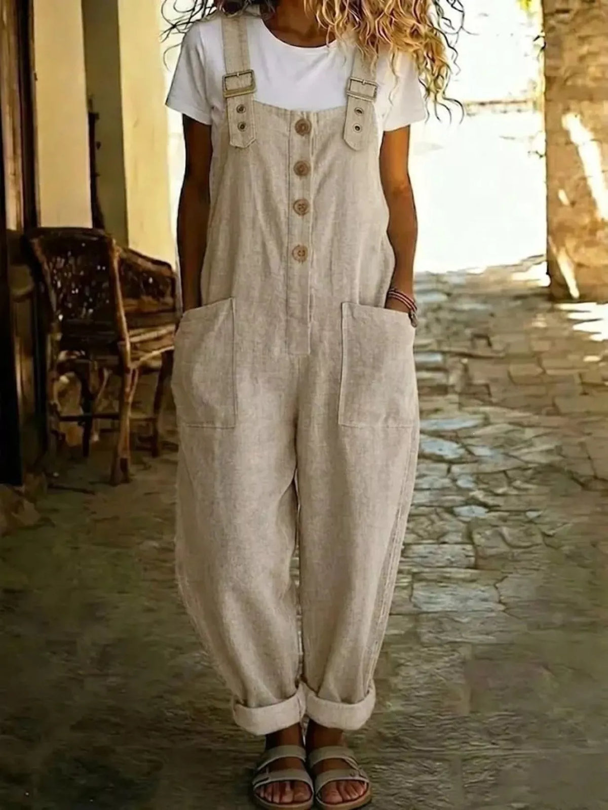 Button front wide leg overalls full length view