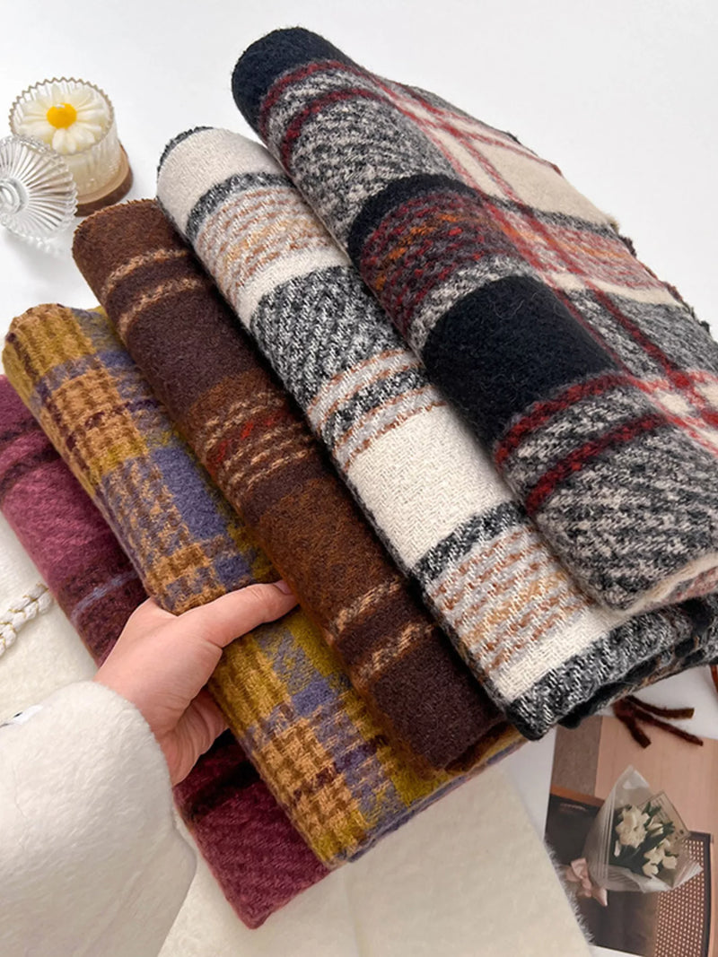 Warm plaid winter scarf around the neck