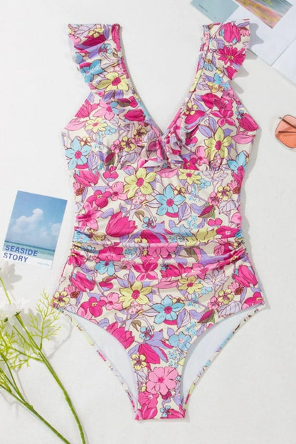 Floral Ruffle Trim Tummy Control One Piece Swimsuit - Fashorio