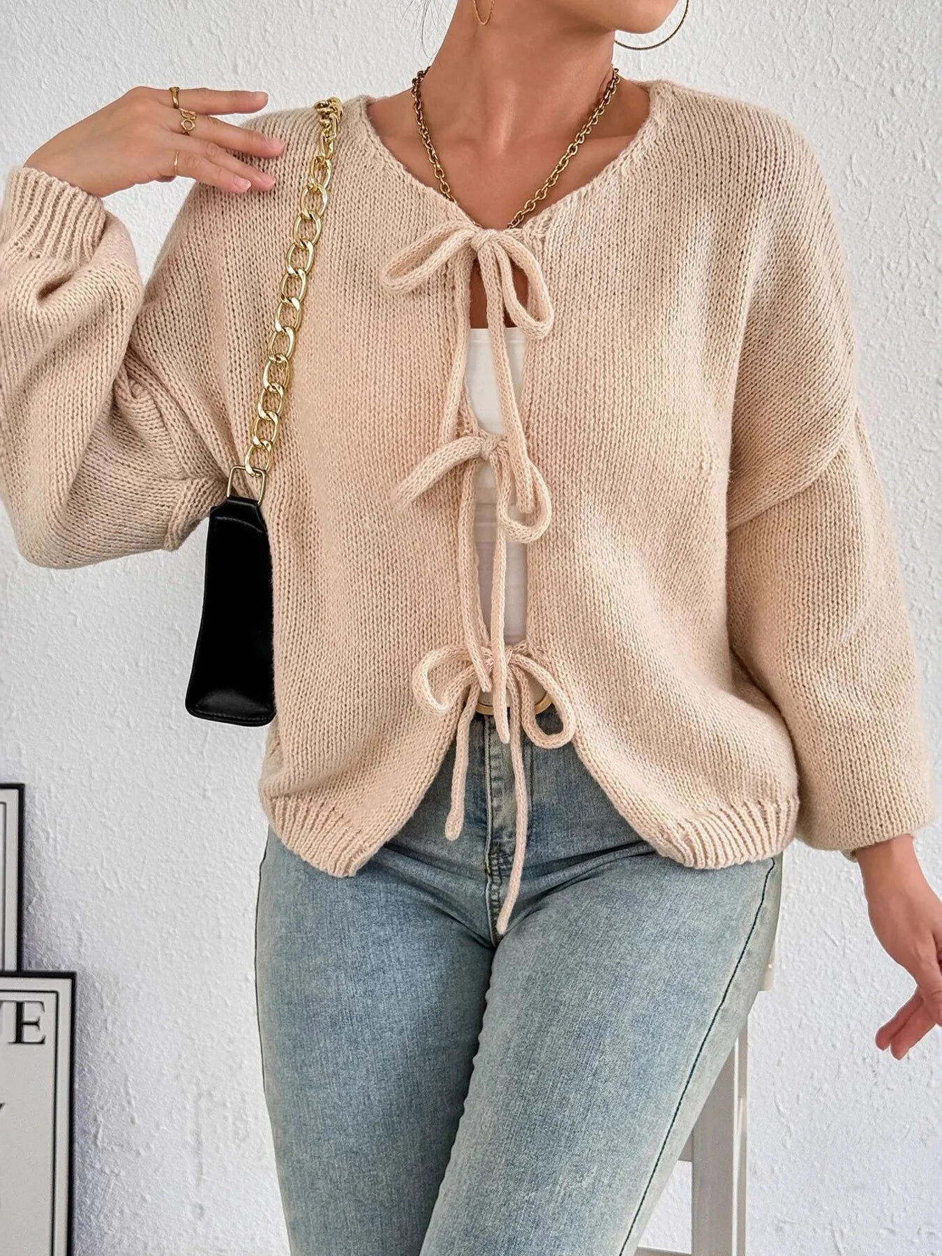 Cozy Bow-Tie Front Knit Cardigan - Fashorio