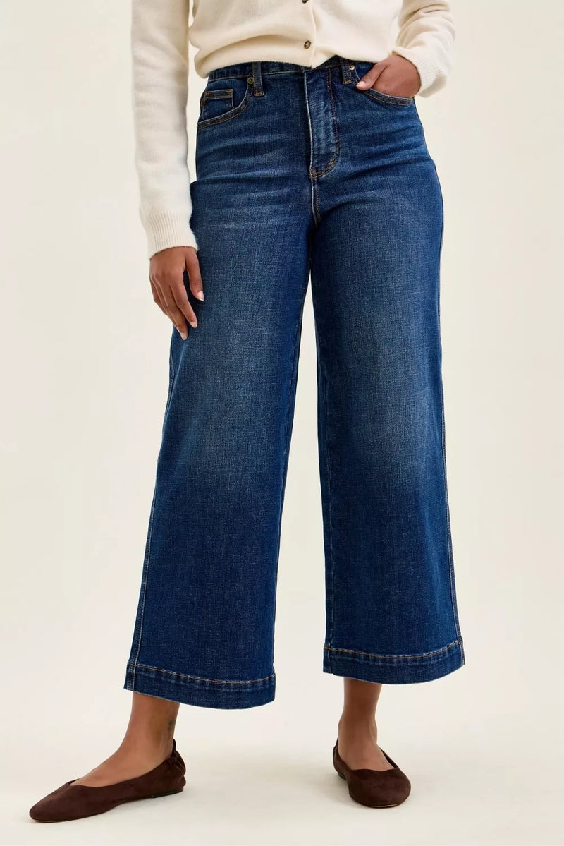 Judy Blue high rise wide leg jeans in dark indigo front view