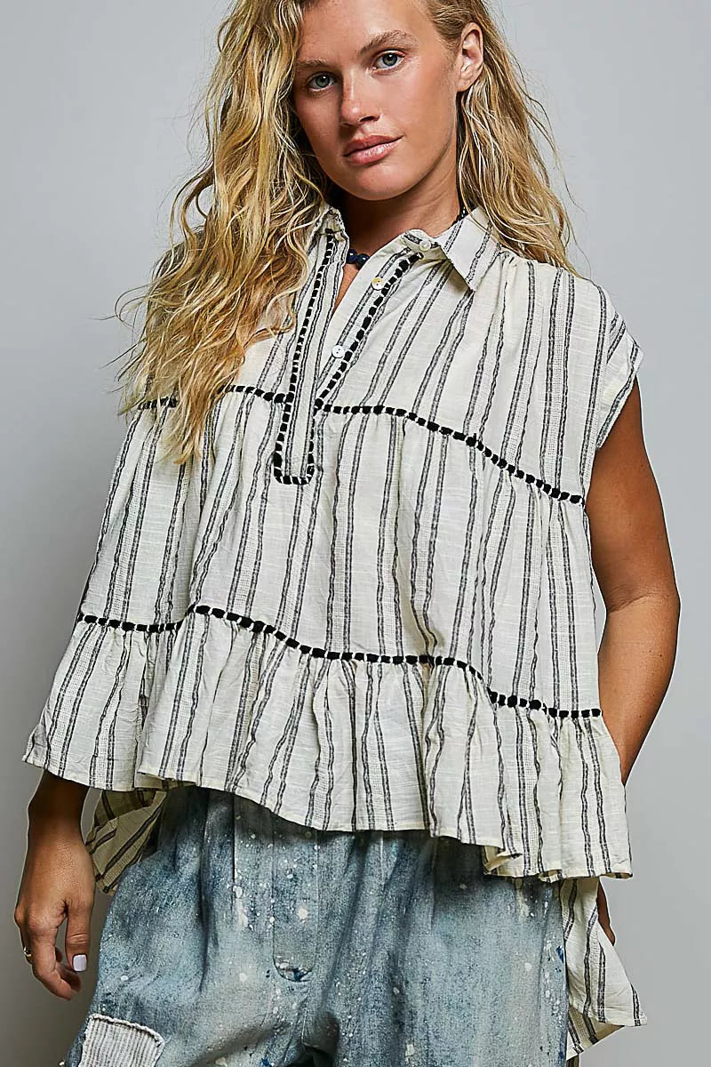 Striped ruffle collared sleeveless cotton top front view on model