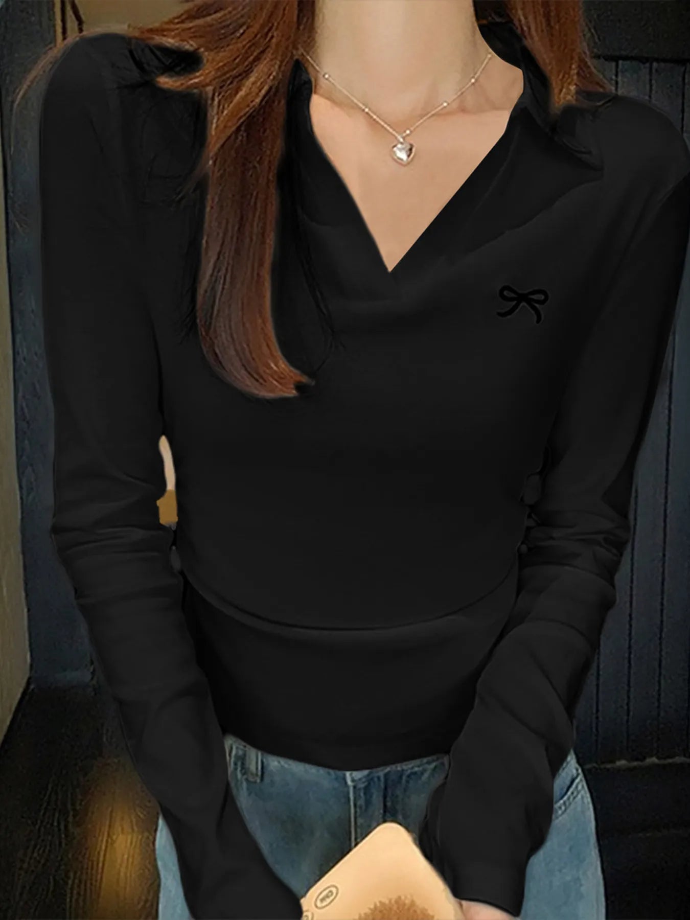 Johnny Collar Long Sleeve T-Shirt Black - Fashorio