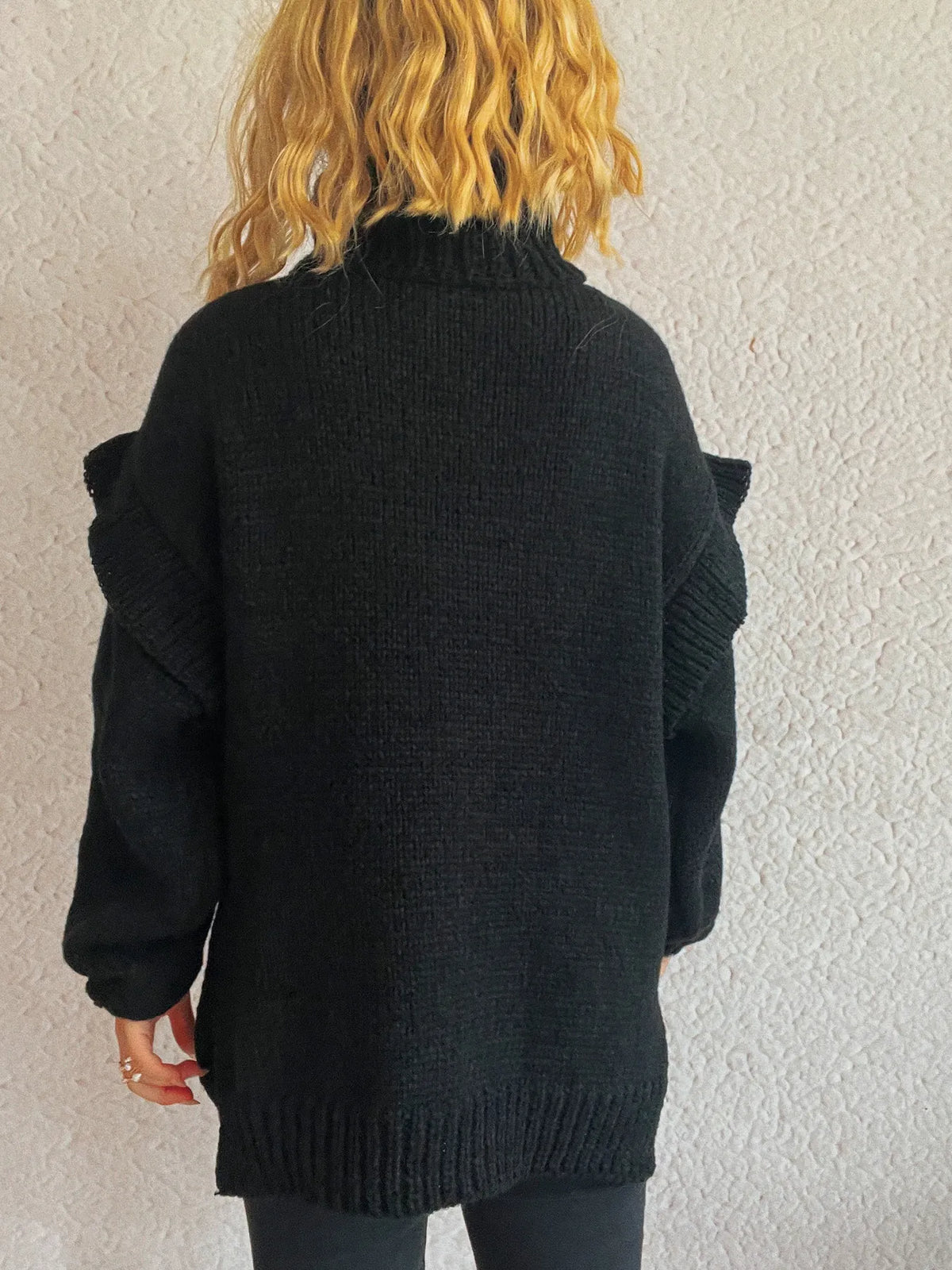 Ruffled turtleneck long sleeve sweater fabric detail