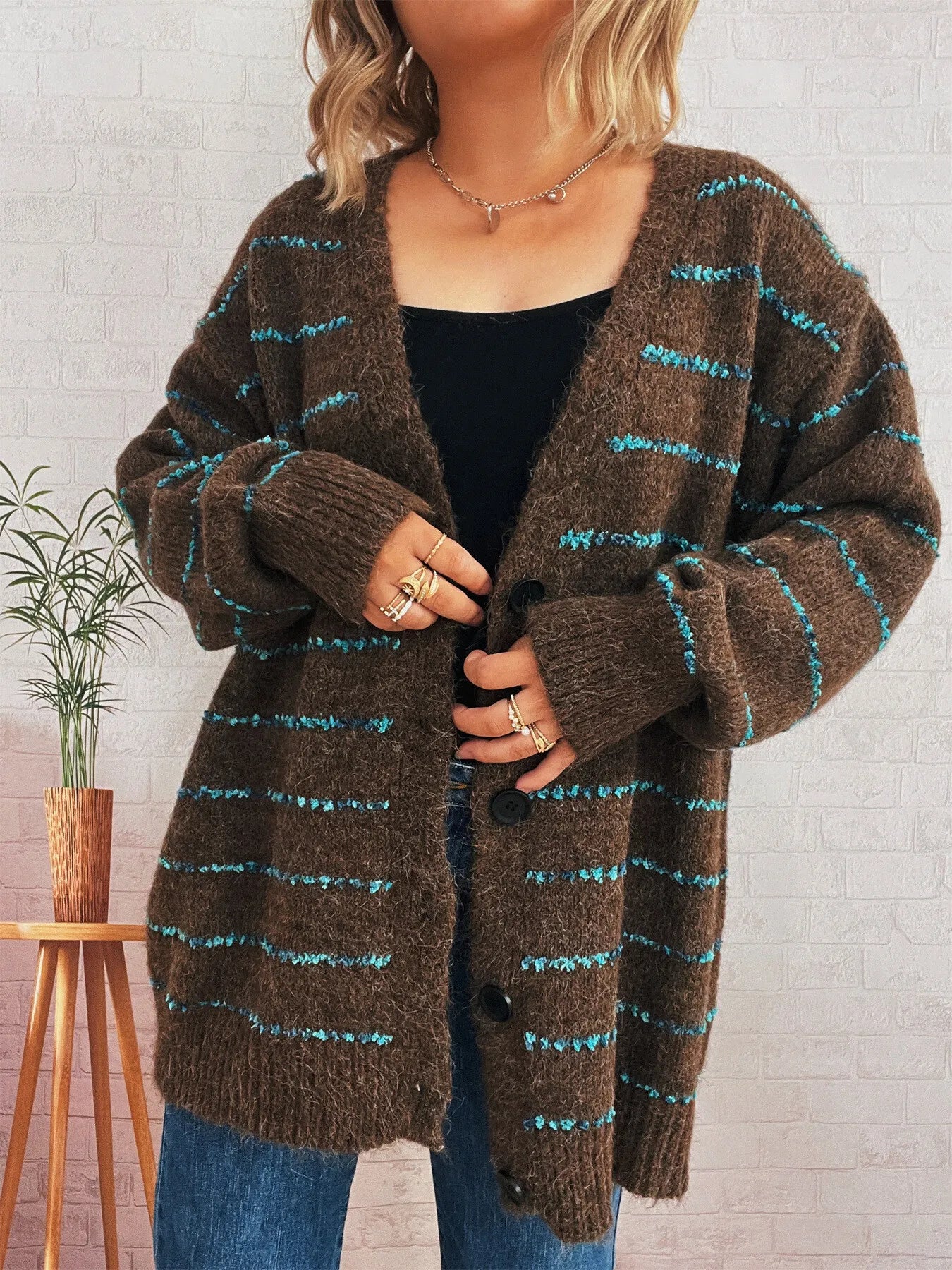 Striped Button-Up Cardigan with V-Neck Design Gray One Size - Fashorio