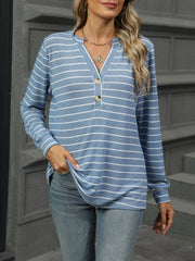 Striped Henley T-Shirt with Button Detail Light Blue - Fashorio