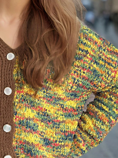Contrast Button Up V-Neck Cropped Cardigan - Fashorio