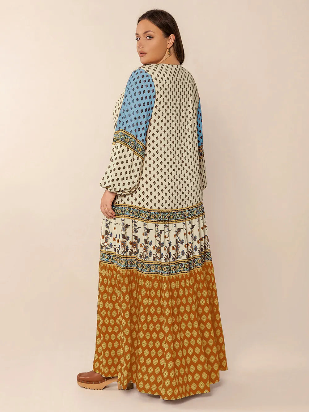 Printed V Neck Balloon Sleeve Maxi Dress back view