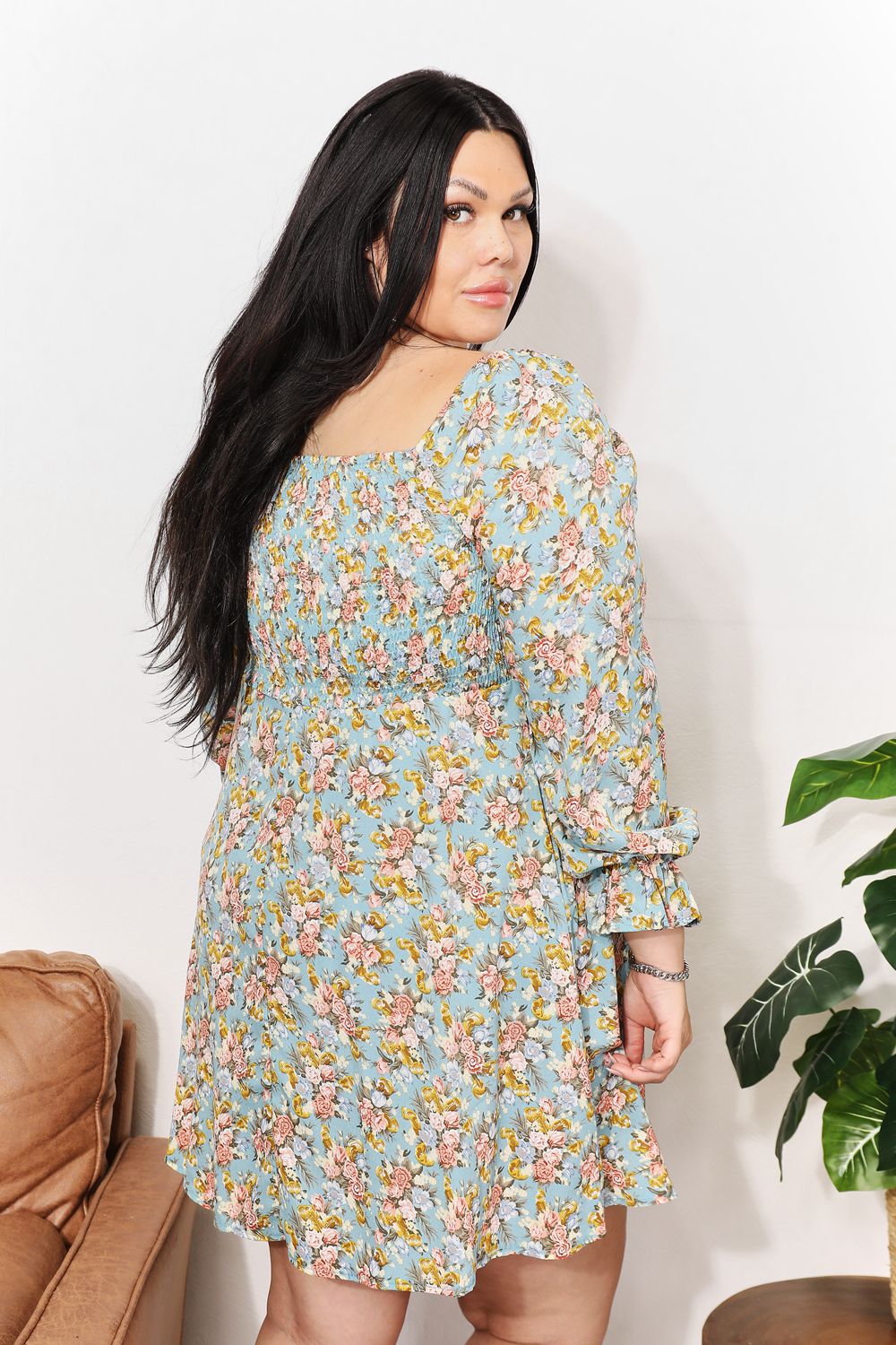 Honey Floral Smocked Flounce Sleeve Square Neck Dress view 9