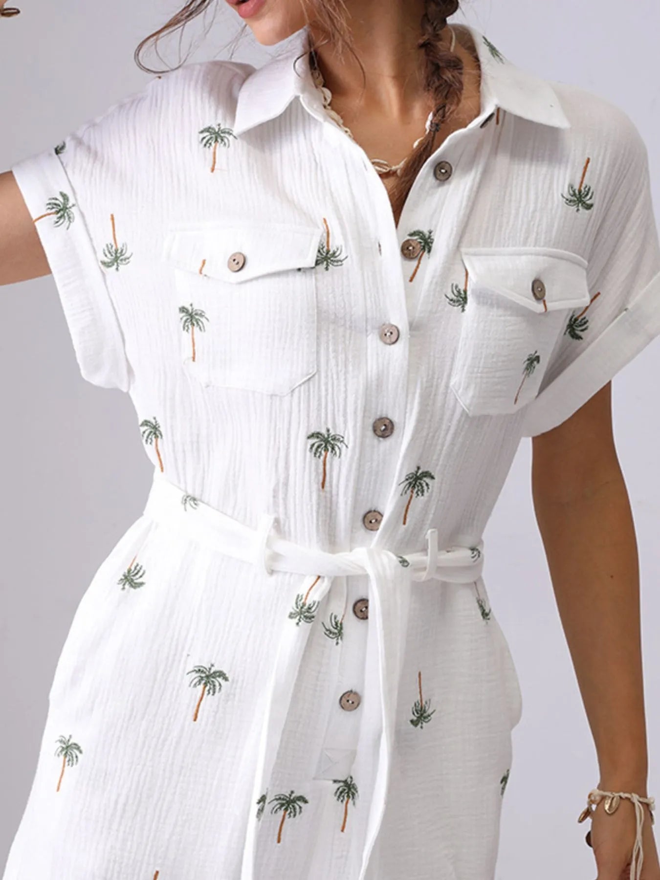 Palm Tree Print Short Sleeve Button-Up Romper with Belt - Fashorio