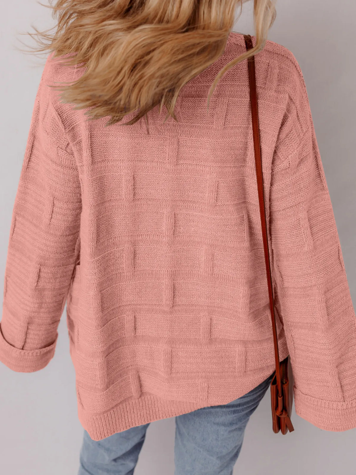 textured knit open front cardigan with pockets styled on model