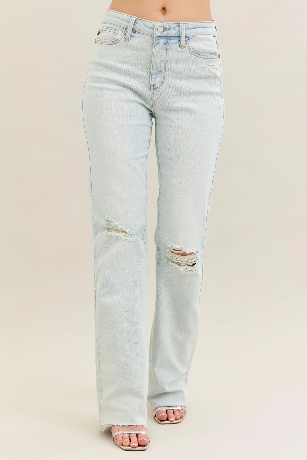 Judy Blue high waist distressed light wash bootcut jeans front view