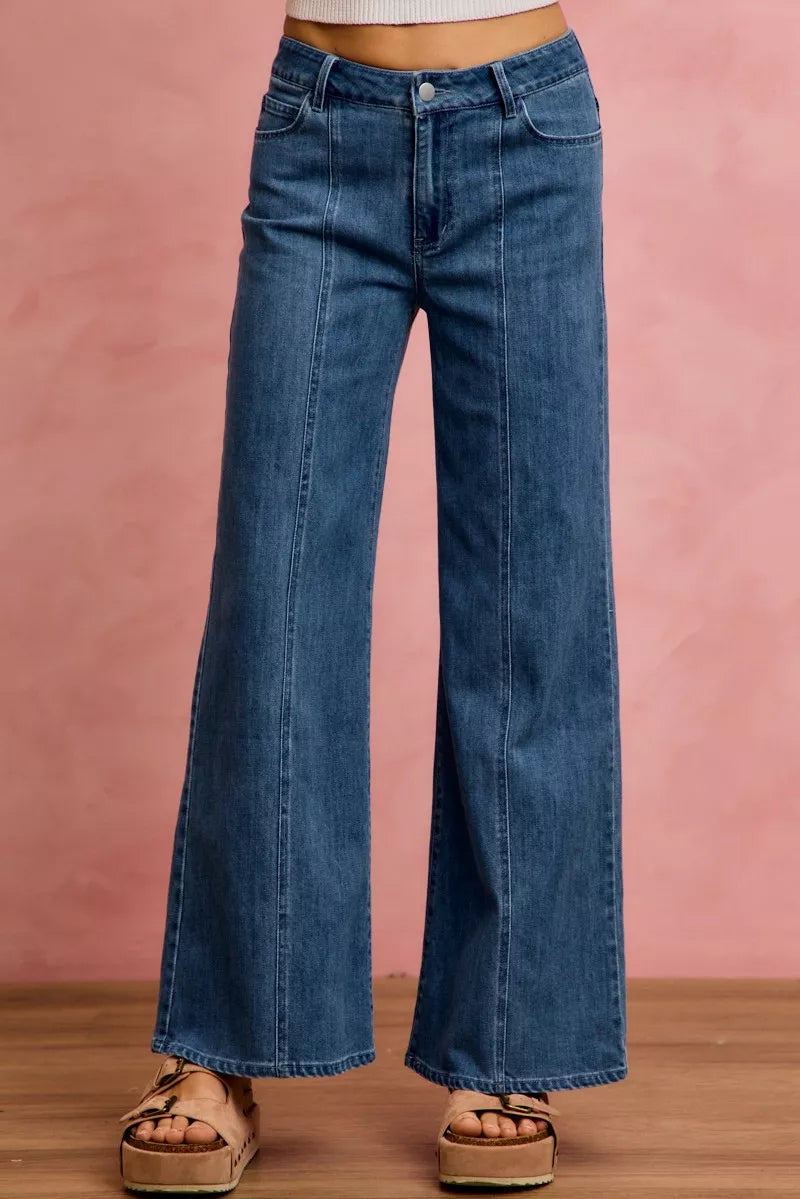 Blue seam detail mid rise skinny jeans front view
