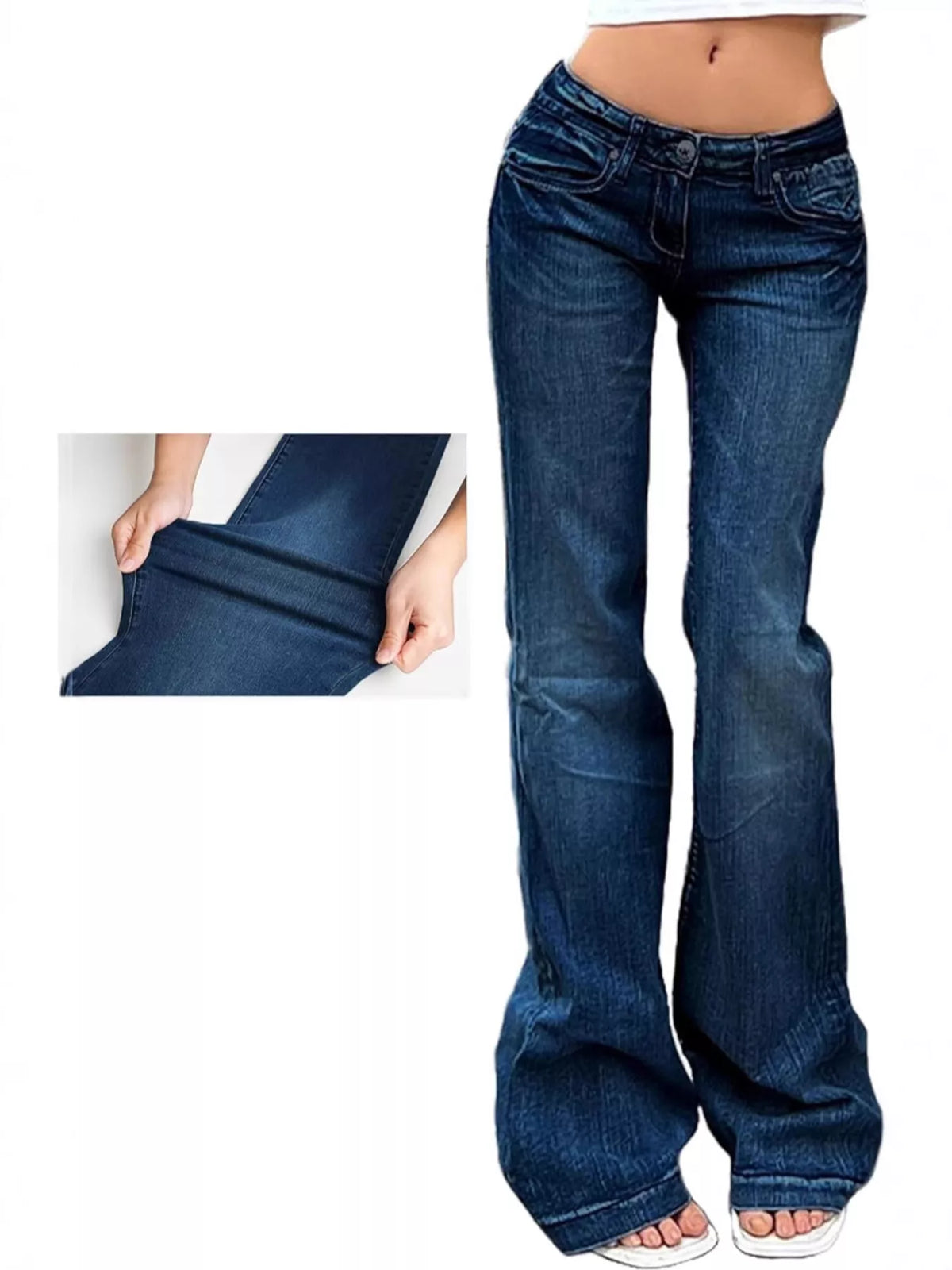 Model wearing low rise flare denim