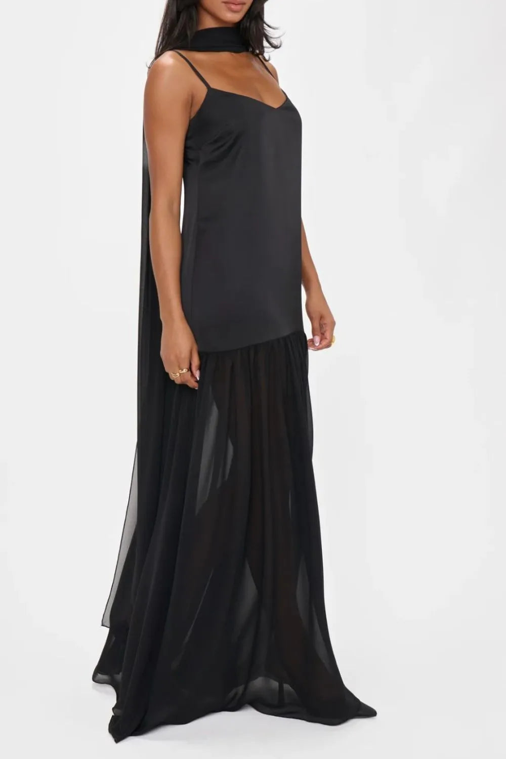 Adjustable strap maxi cami dress with matching scarf, full length view