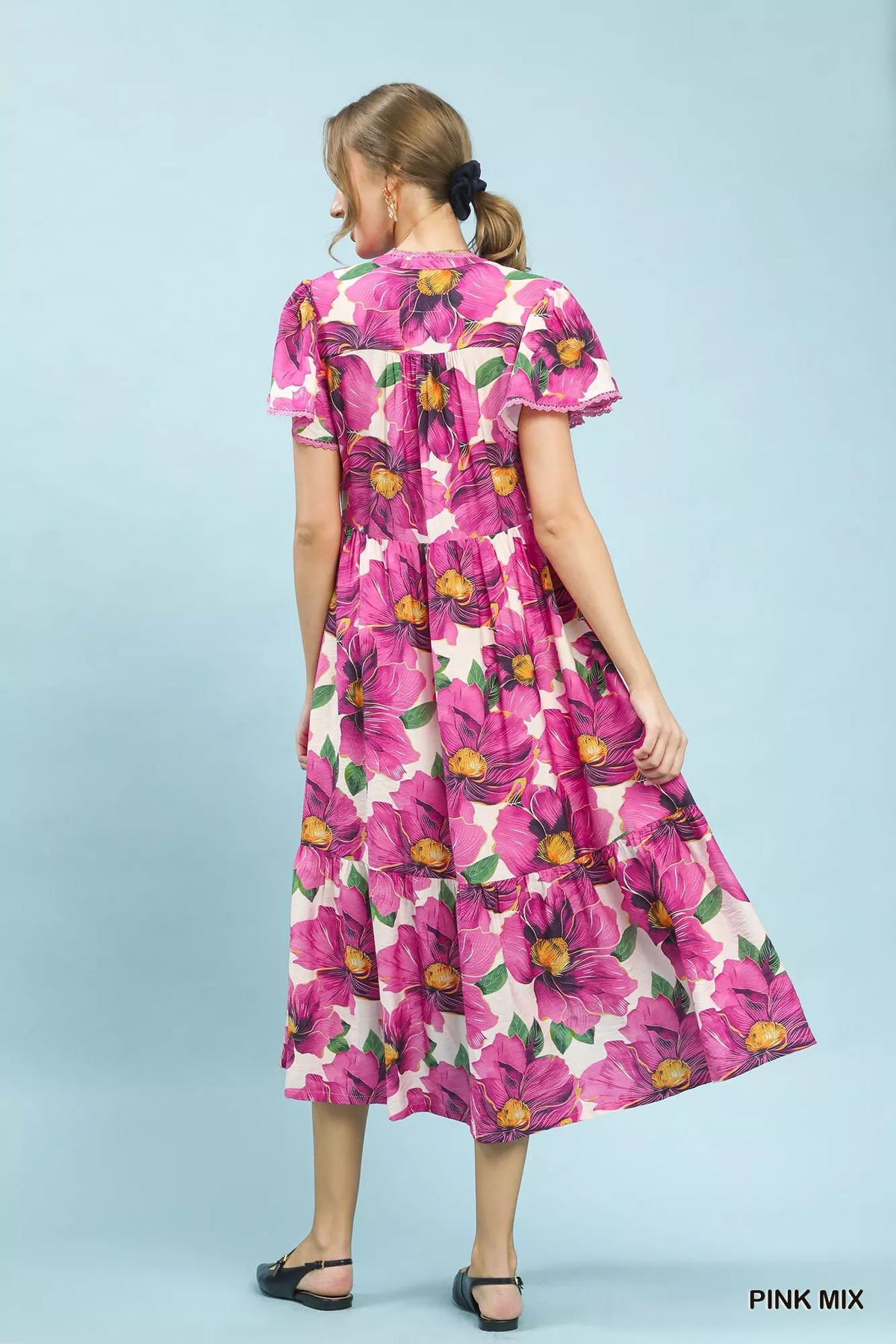 Pink tropical floral v neck flutter sleeve tiered midi dress back view