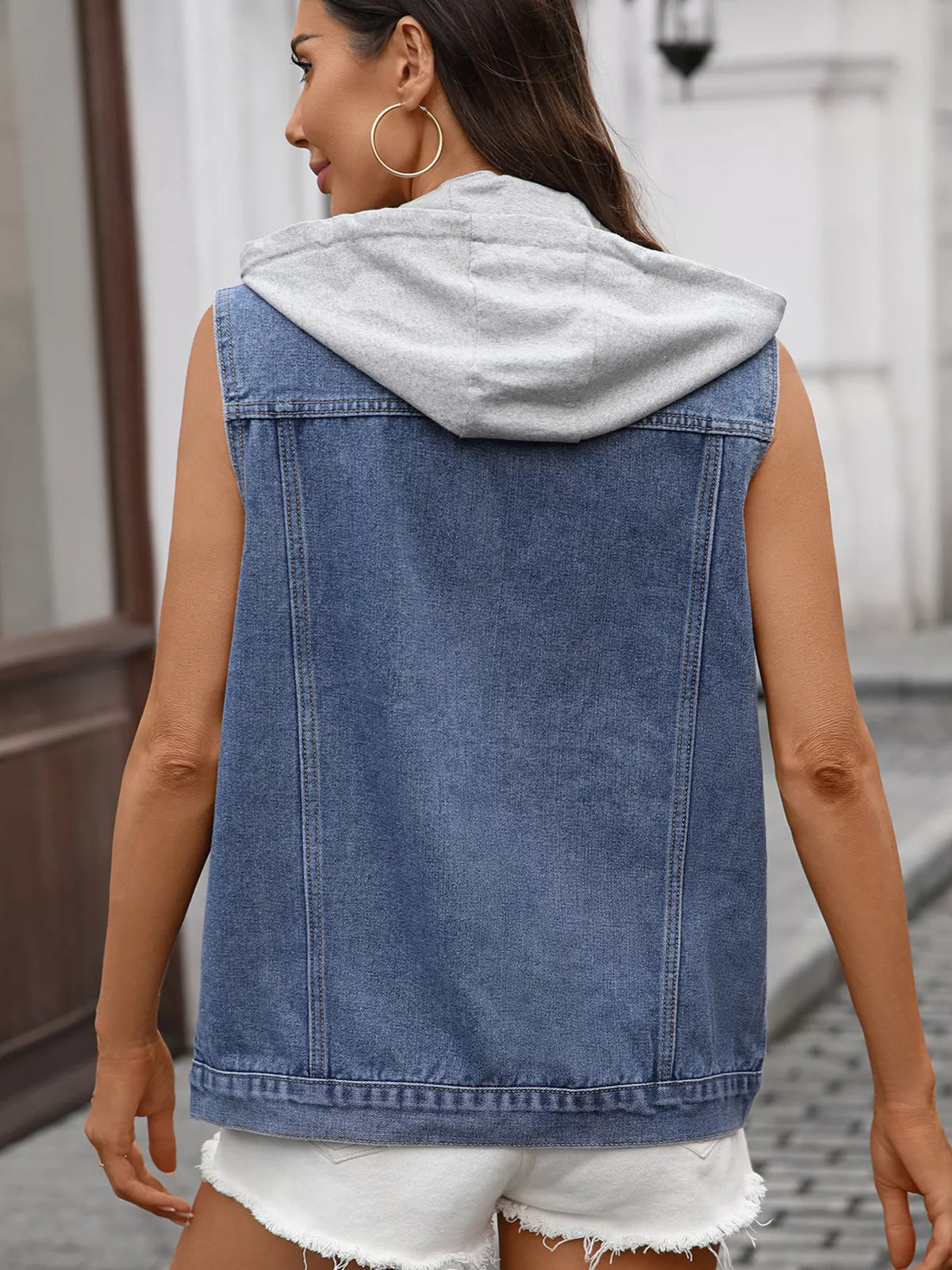 Removable Hood Sleeveless Denim Vest in Dusty Blue side view