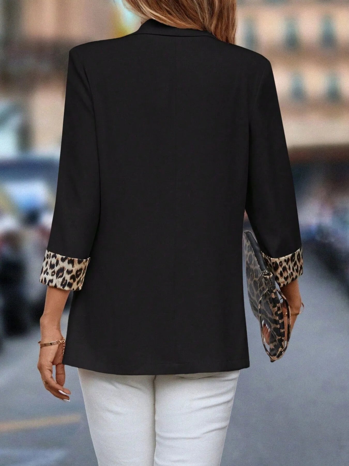 Leopard Lapel Collar Open Front Blazer - Fashorio