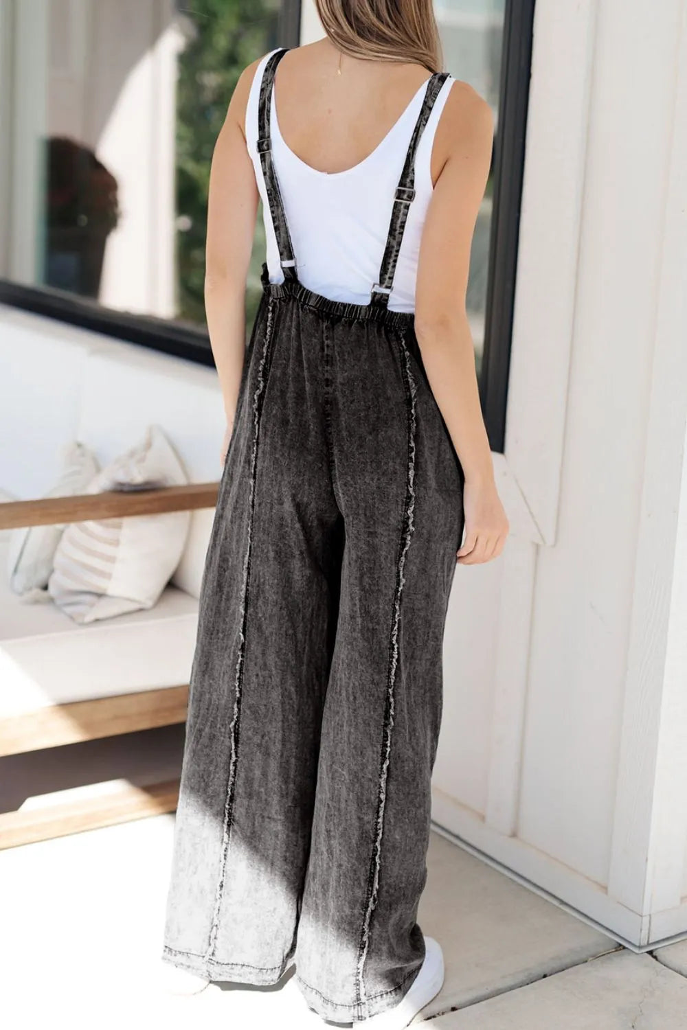 Frayed Exposed Seam Wide Leg Denim Overalls - Fashorio