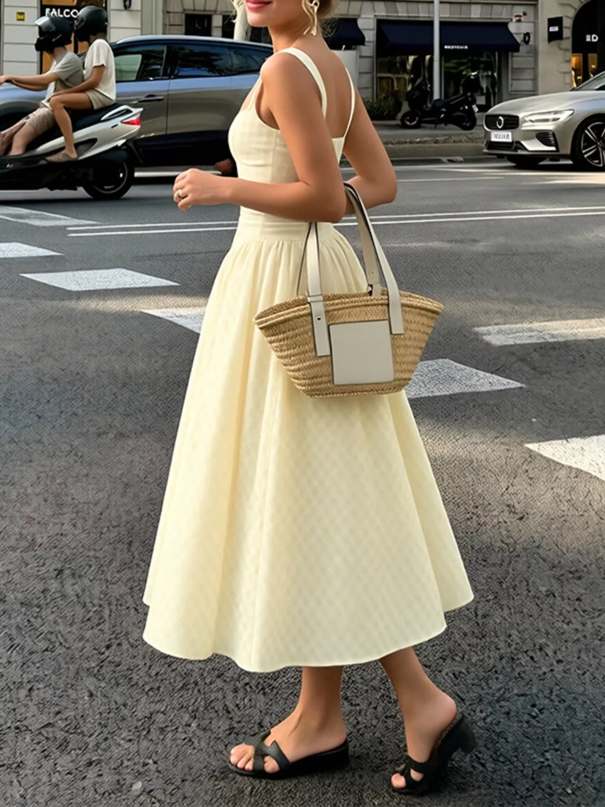 Plaid midi dress square neckline detail