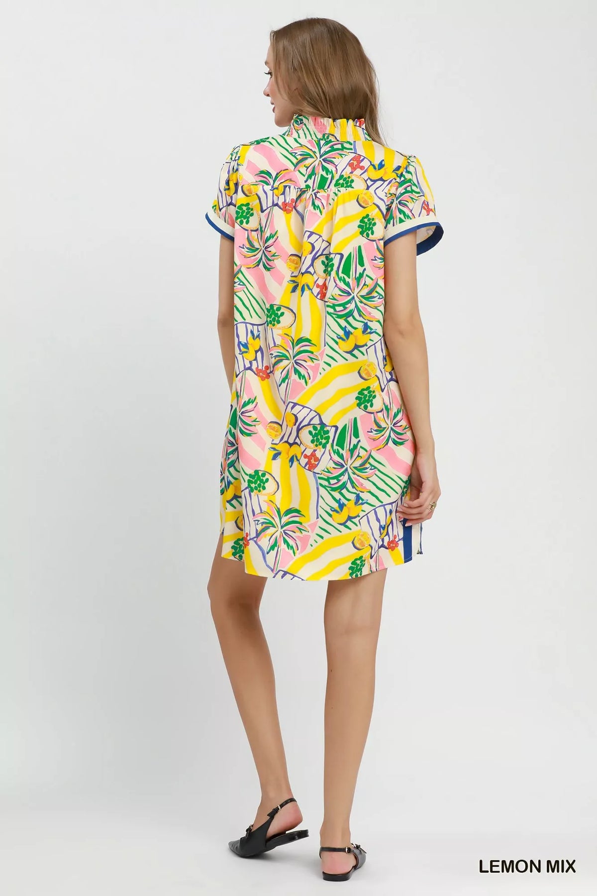 Yellow collared shift dress cap sleeve detail