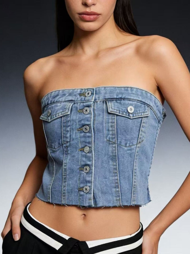 Light blue strapless denim top with button front, front view
