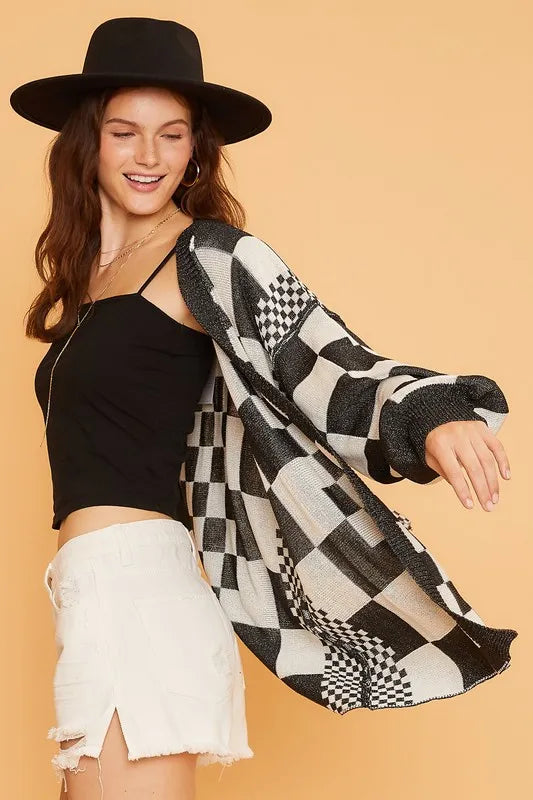 Annie Wear Checkered Open Front Drop Shoulder Cardigan - Fashorio