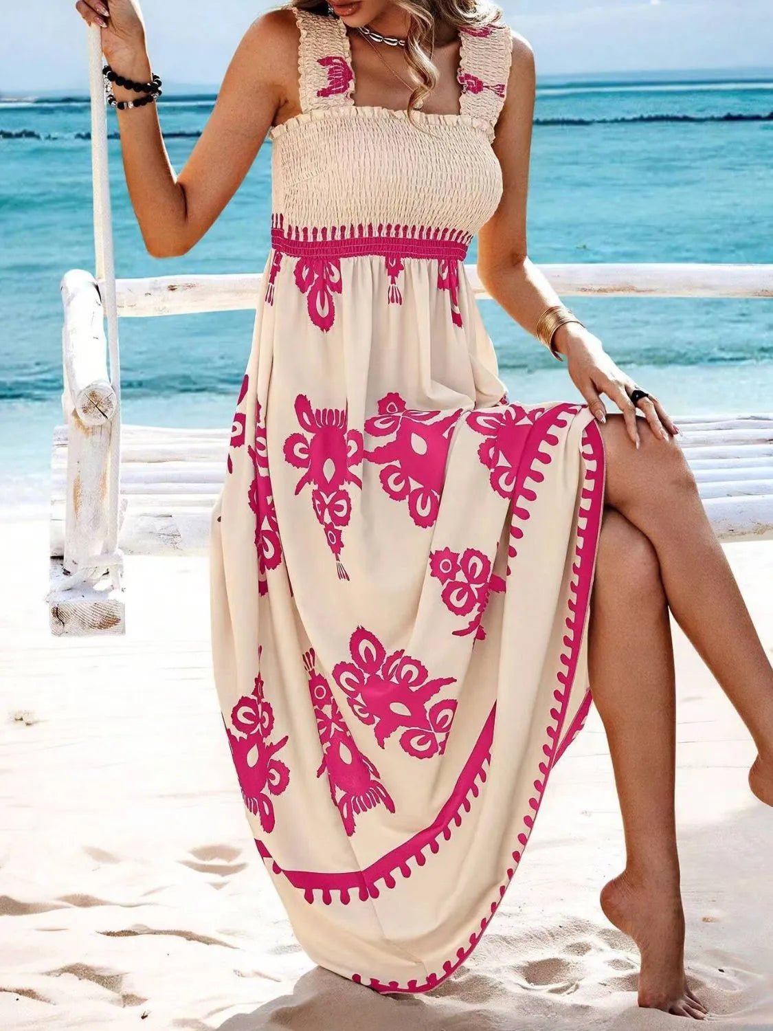 Smocked Printed Wide Strap Maxi Dress, view 26