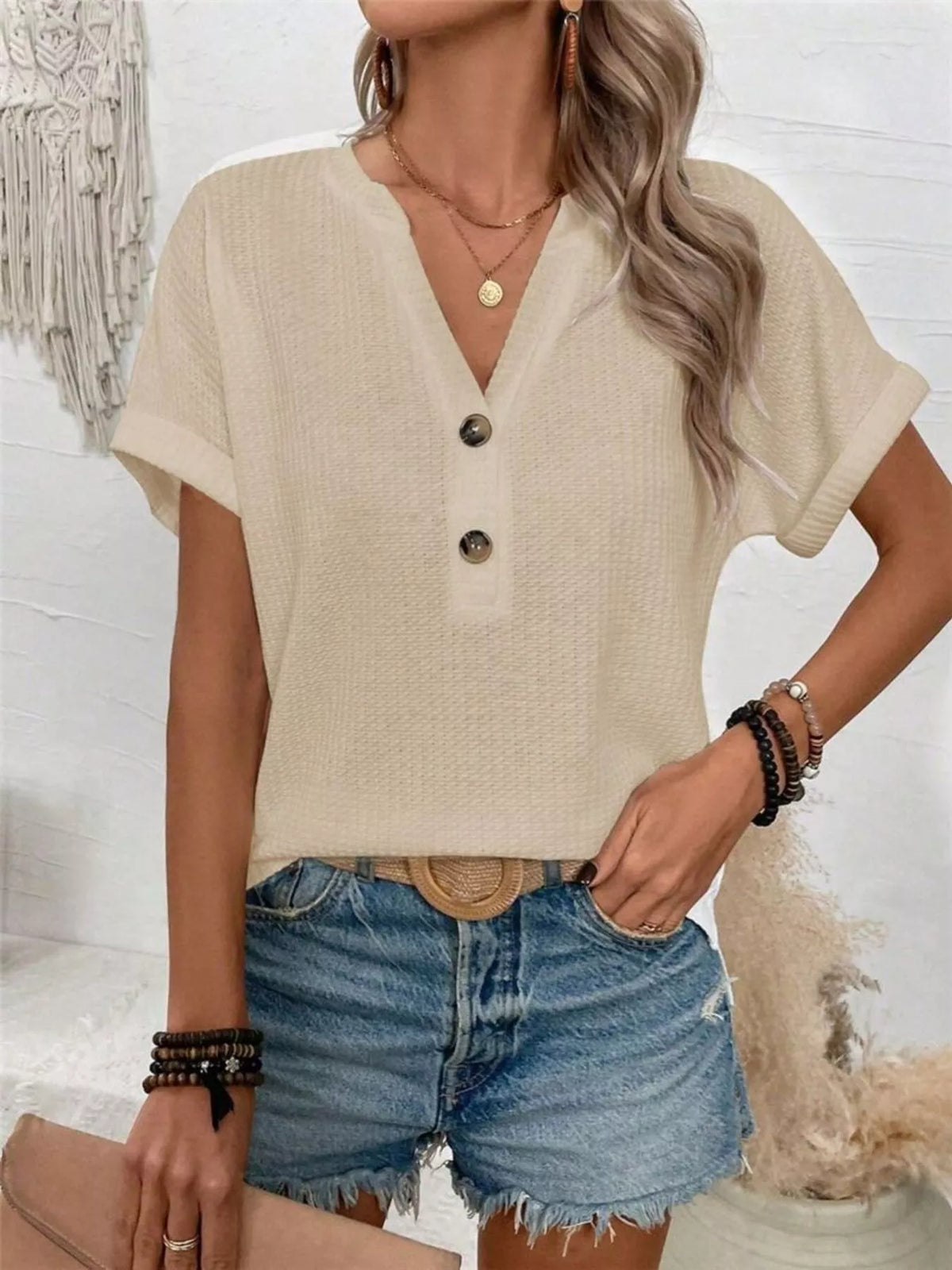Waffle knit short sleeve tee styled view