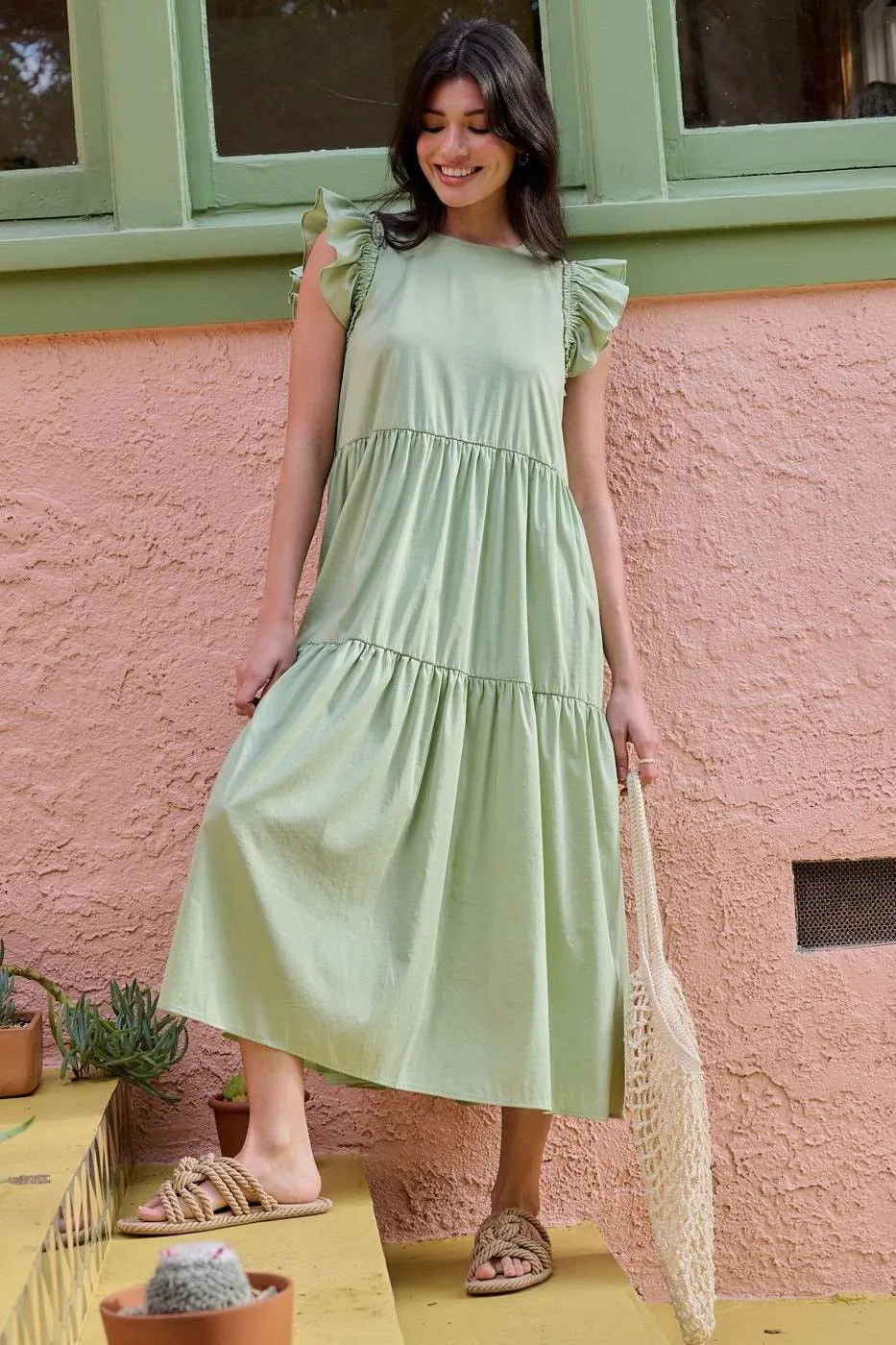 Mittoshop ruffle short sleeve tiered maxi dress in sage detail of the neckline