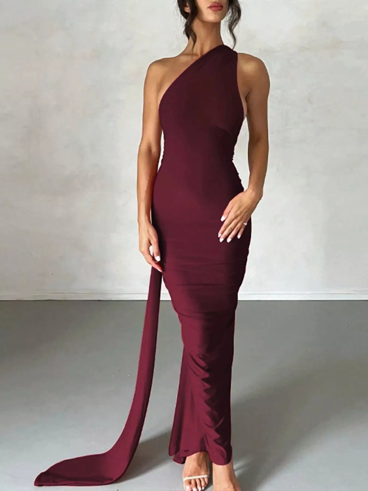One Shoulder Ruched Bodycon Maxi Dress front view