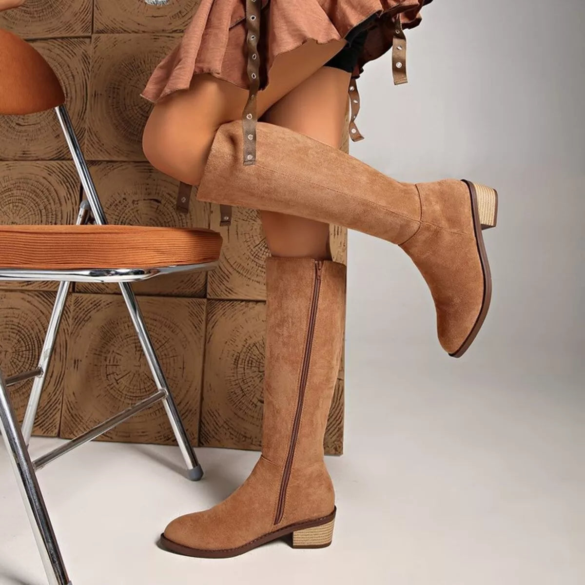 Knee high block heel suede boots sole view