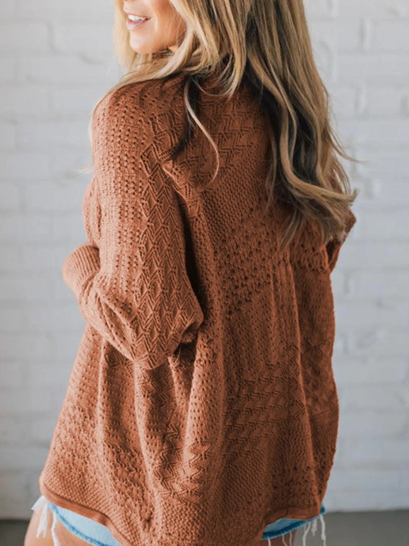 Open Front Knitted Cardigan with Eyelet Details - Fashorio