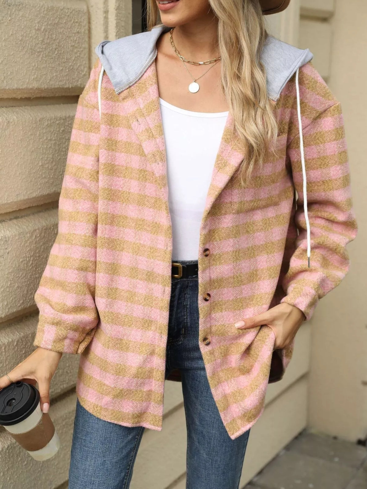 Plaid Hooded Drawstring Jacket in Black view 15