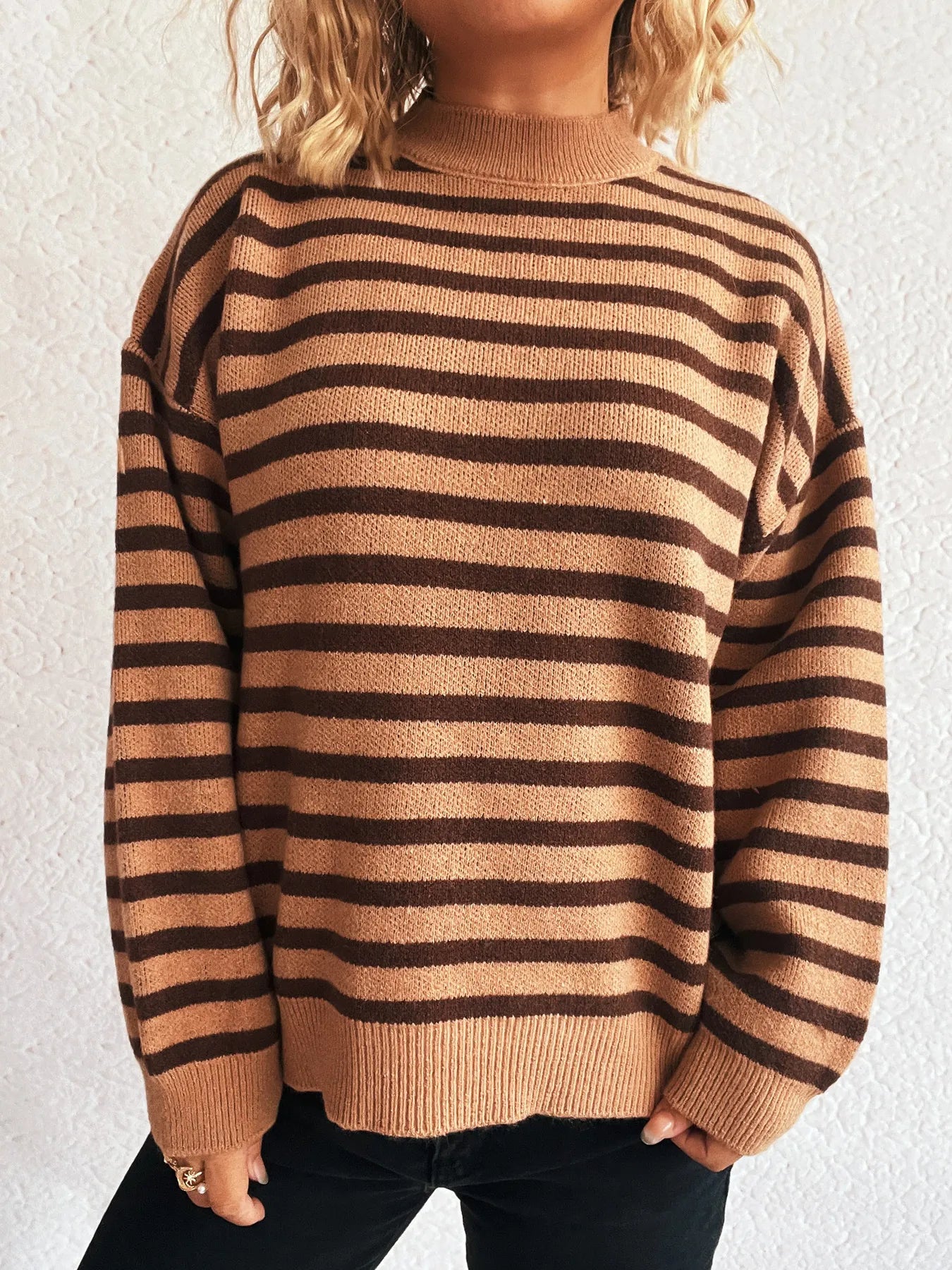 Striped Mock Neck Long Sleeve Sweater - Fashorio