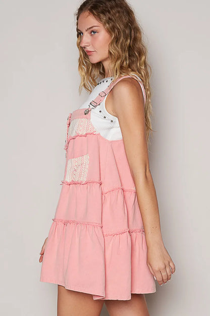 POL Lace Patchwork Detail Denim Overall Dress - Fashorio